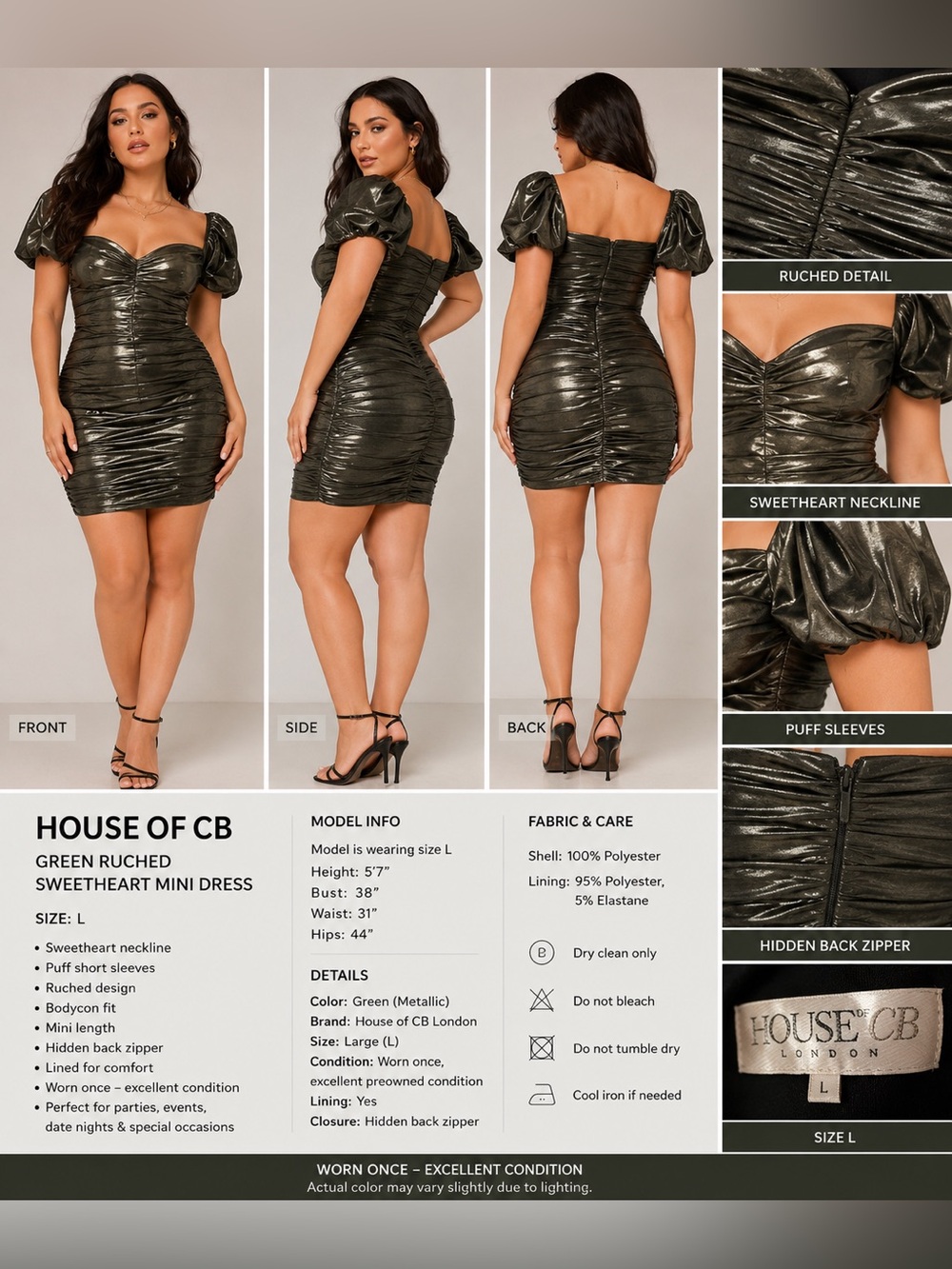 House of CB London Green Ruched Sweetheart Mini Dress Size L